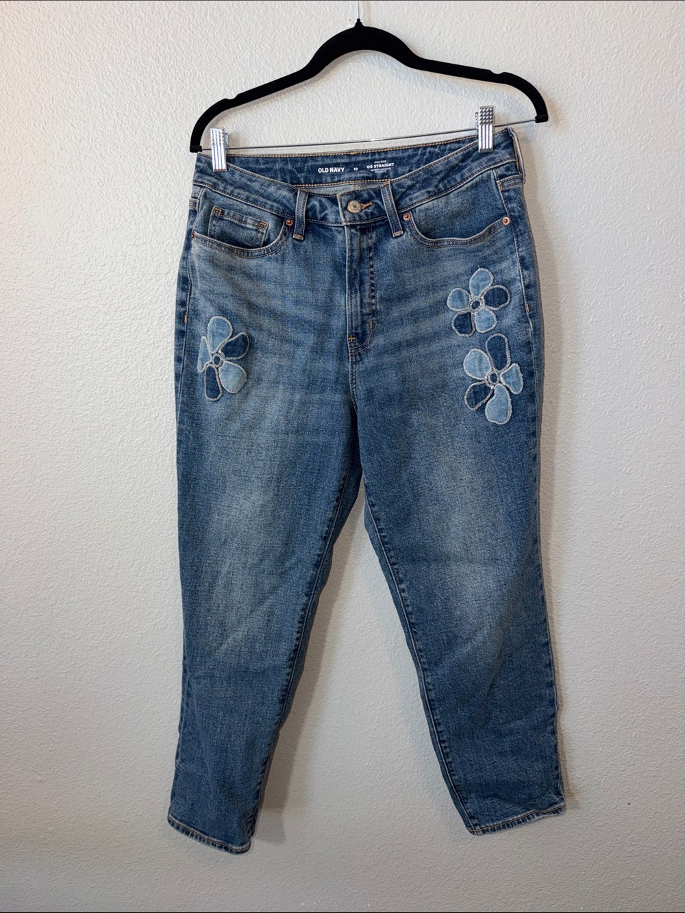 Old Navy Women's Blue Denim, High Rise , OG Straight Jeans with Flower Appliqués